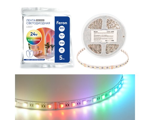 Лента светодиодная 60SMD(5050)/м 14,4Вт/м 24V 5000*12*1.22мм RGB+3000К, IP20, LS507 FERON