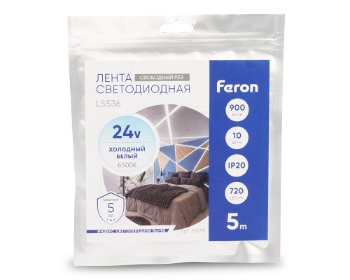 Лента светодиодная 720SMD(2110) 10Вт/м 24V 5000*8*1.8мм IP20 6500К, LS536 FERON СВОБОДНЫЙ РЕЗ