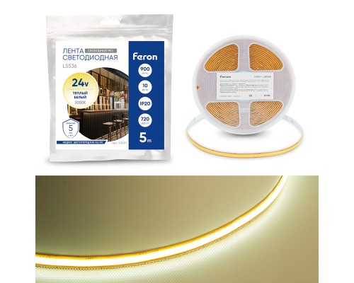 Лента светодиодная 720SMD(2110) 10Вт/м 24V 5000*8*1.8мм IP20 3000К, LS536 FERON СВОБОДНЫЙ РЕЗ