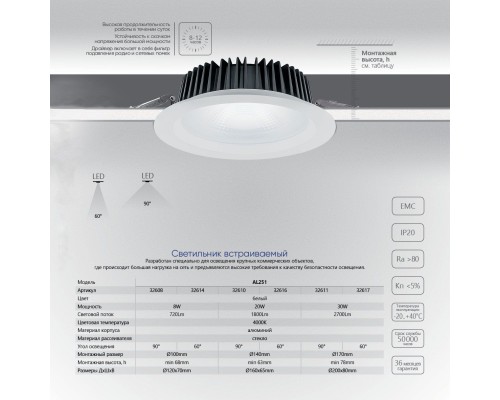 Светодиодный светильник Feron AL251 встраиваемый 30W 4000K белый