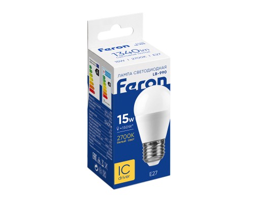 Лампа светодиодная Feron LB-990 Шарик E27 15W 175-265V 2700K