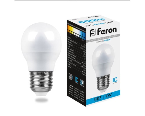 Лампа светодиодная Feron LB-95 16LED(7W) 230V E27 6400K G45 "Шар"