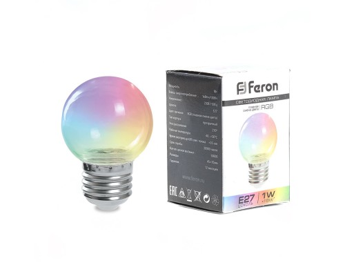 Лампа светодиодная Feron LB-37 Шарик прозрачный E27 1W 230V RGB плавная смена цвета