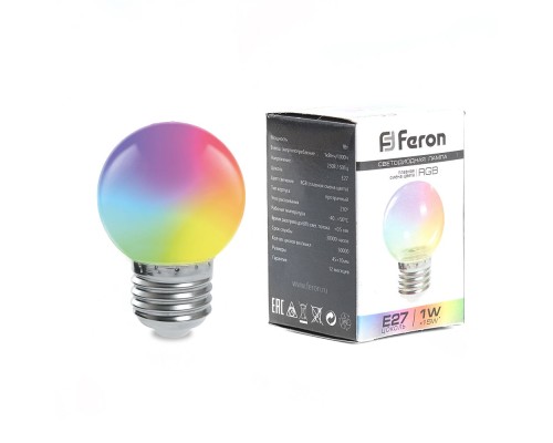 Лампа светодиодная Feron LB-37 Шарик матовый E27 1W RGB быстрая смена цвета