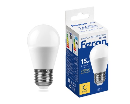 Лампа светодиодная Feron LB-990 Шарик E27 15W 175-265V 2700K