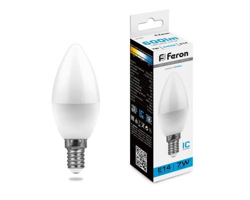 Лампа светодиодная Feron LB-97 16LED(7W) 230V E14 6400K "Свеча"