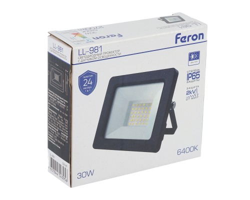 Светодиодный прожектор FERON с датчиком освещенности LL-981 IP65 30W 6400K черный