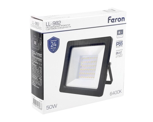 Светодиодный прожектор FERON с датчиком освещенности LL-982 IP65 50W 6400K черный