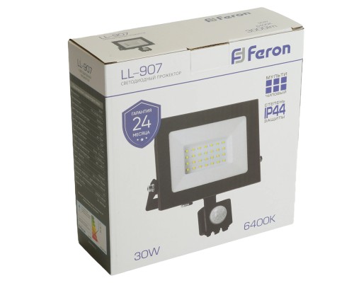 Прожектор с датчиком движения Feron LL-907 30W 6400K 230V черный IP44 153*178*54мм (арт. 29557)