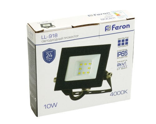 Прожектор светодиодный Feron LL-918 2835 SMD 10W 4000K IP65 черный с матовым стеклом 108*115*26 мм (арт. 29490)