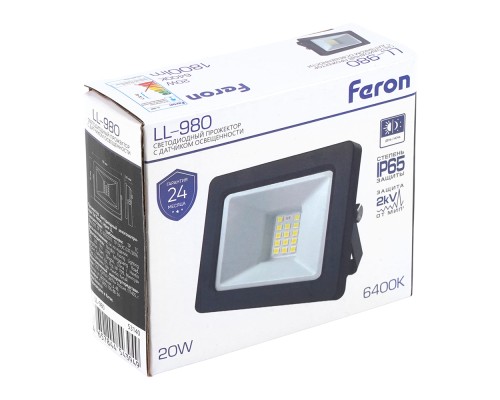 Светодиодный прожектор FERON с датчиком освещенности LL-980 IP65 20W 6400K черный