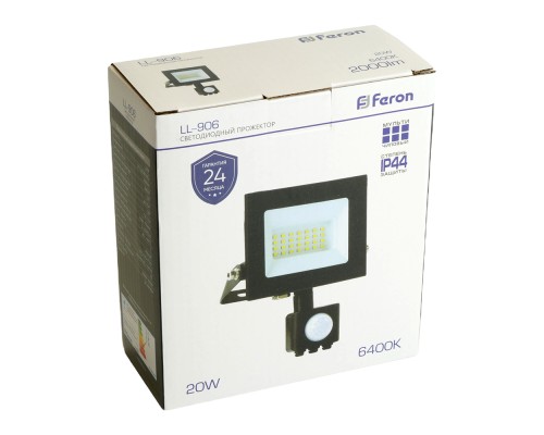 Прожектор с датчиком движения Feron LL-906 20W 6400K 230V черный IP44 121*160*53мм (арт. 29556)