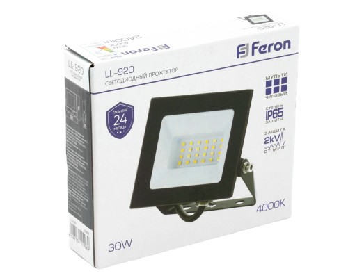 Прожектор светодиодный Feron LL-920 2835 SMD 30W 4000K IP65 черный с матовым стеклом 132*153*27 мм (арт. 29495)