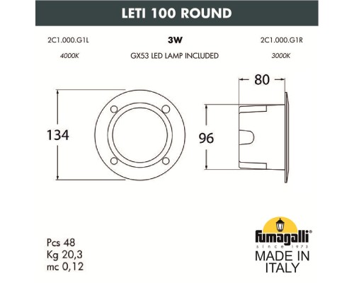 Светильник для подсветки лестниц встраиваемый FUMAGALLI LETI 100 Round 2C1.000.000.AYG1L