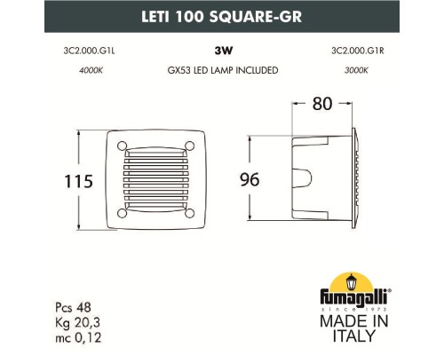 Светильник для подсветки лестниц встраиваемый FUMAGALLI LETI 100 Square-GR 3C2.000.000.AYG1L