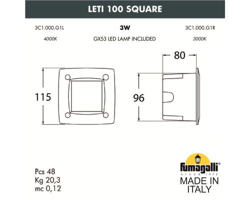 Светильник для подсветки лестниц встраиваемый FUMAGALLI LETI 100 Square 3C1.000.000.AYG1L