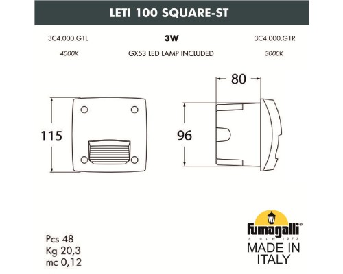 Светильник для подсветки лестниц встраиваемый FUMAGALLI LETI 100 Square-ST 3C4.000.000.AYG1L