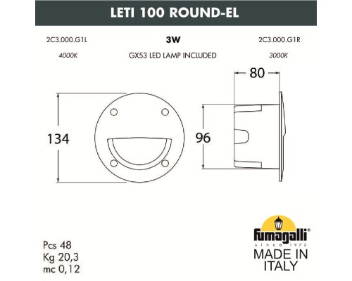 Светильник для подсветки лестниц встраиваемый FUMAGALLI LETI 100 Round-EL 2C3.000.000.AYG1L Светильник для подсветки лестниц встраиваемый FUMAGALLI LETI 100 Round-EL 2C3.000.000.AYG1L