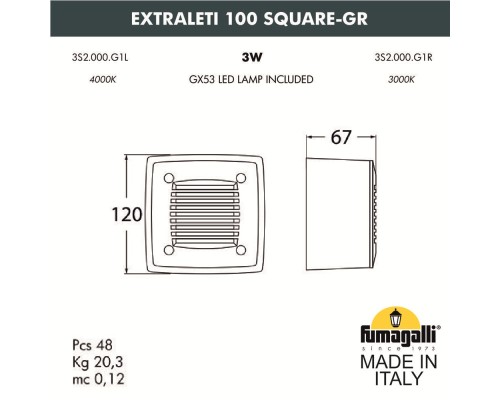 Светильник для подсветки лестниц накладной FUMAGALLI EXTRALETI 100 Square-GR 3S2.000.000.AYG1L