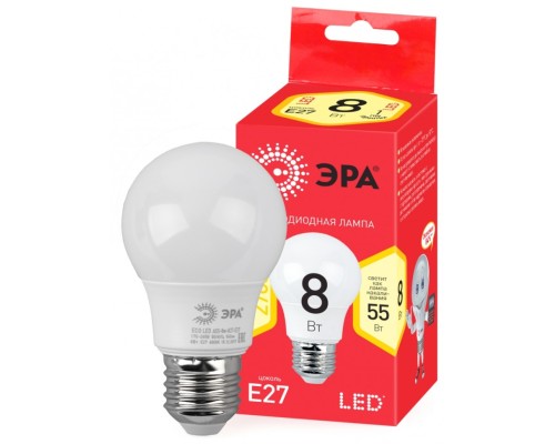 ECO LED A55-8W-827-E27 ЭРА (диод, груша, 8Вт, тепл, E27) (10/100/2000)