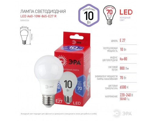 Лампа светодиодная ЭРА E27 10W 6500K матовая A60-10W-865-E27 R Б0045324