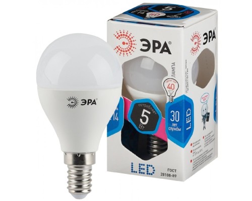 LED P45-5W-840-E14 ЭРА (диод, шар, 5Вт, нейтр, E14) (10/100/3600)