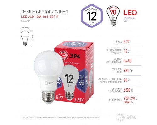 Лампа светодиодная ЭРА E27 12W 6500K матовая A60-12W-865-E27 R Б0045325