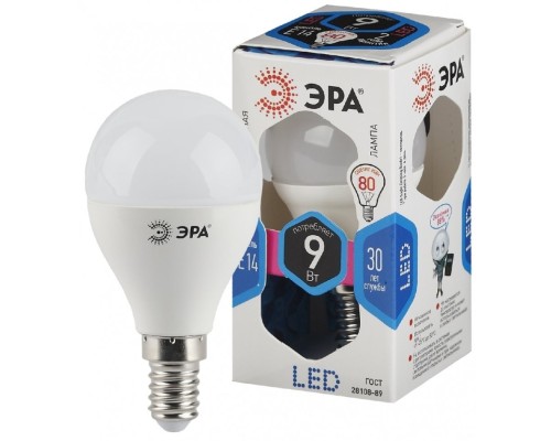 LED P45-9W-840-E14 ЭРА (диод, шар, 9Вт, нейтр, E14) (10/100/3000)