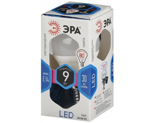 LED P45-9W-840-E14 ЭРА (диод, шар, 9Вт, нейтр, E14) (10/100/3000)
