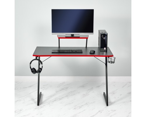 Компьютерный стол Basic 110х59х75см c полкой для монитора 40х20см, подстаканником, крючком для наушников, карбон чёрный красный