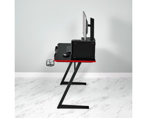 Компьютерный стол Basic 110х59х75см c полкой для монитора 40х20см, подстаканником, крючком для наушников, карбон чёрный красный