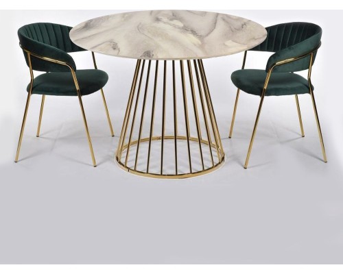 Стол Liverpool диам.100см, керамогранит белый мрамор с золотистыми ножками