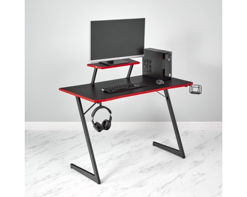 Компьютерный стол Basic 110х59х75см c полкой для монитора 40х20см, подстаканником, крючком для наушников, карбон чёрный красный