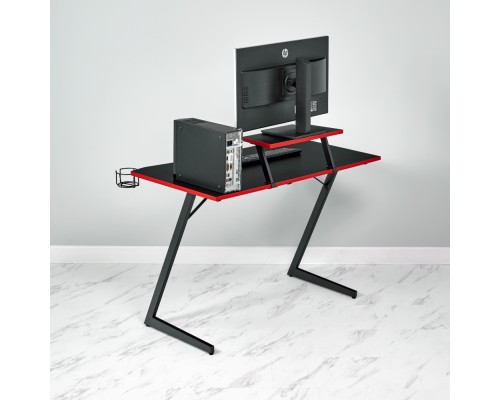 Компьютерный стол Basic 110х59х75см c полкой для монитора 40х20см, подстаканником, крючком для наушников, карбон чёрный красный