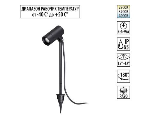 359713 STREET NT25 788 черный Светильник грунтовый с переключ. цв. температуры и мощности IP65 LED 3/6/9W 85-265V 2700К\3200К\4000К LANDSCAPE