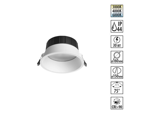 359557 WIR NT25 000 белый Светильник встраиваемый с переключателем цв. температуры IP44 LED 30W 220-240V 3000К\4000К\6000К CLARA