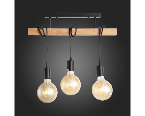 SL1142.403.03 Светильник подвесной Черный, Светлое дерево E27 3*60W BAGETTI