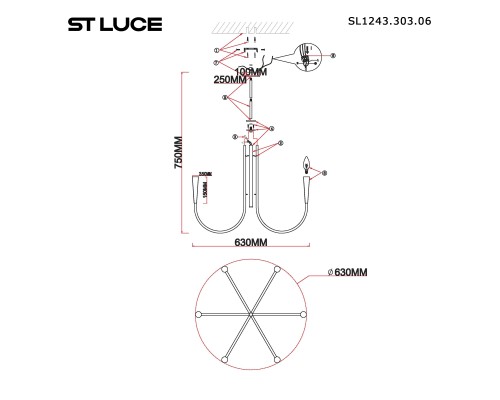 SL1243.303.06 Светильник подвесной ST-Luce Латунь E14 6*60W DUTCHESS