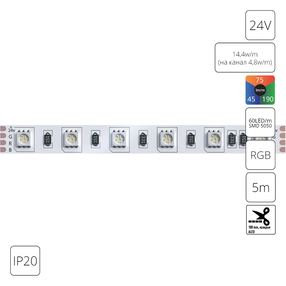 Светодиодная лента 24V 14,4W m (на канал 4,8W m) RGB 5м IP20 Arte Lamp TAPE A2406010-01-RGB