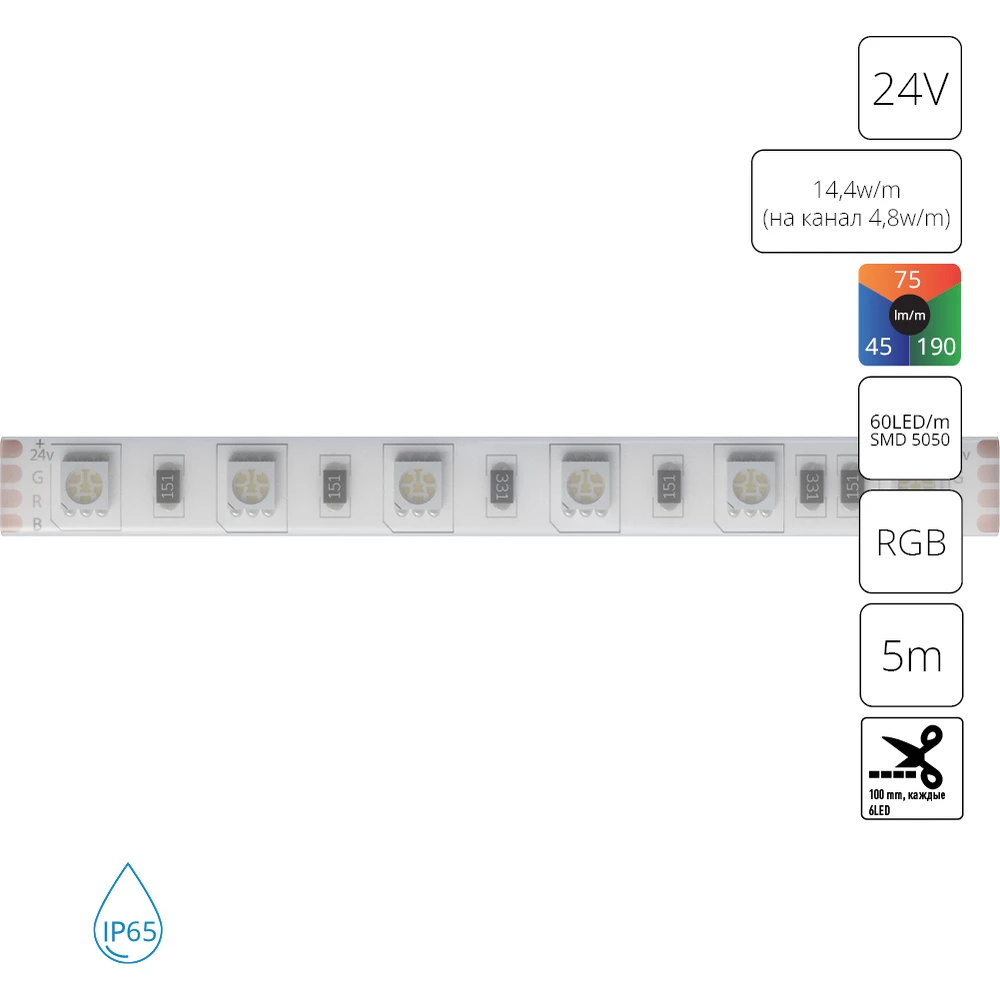 Светодиодная лента 24V 14,4W m (на канал 4,8W m) RGB 5м IP65 Arte Lamp AQUA TAPE A2406010-02-RGB