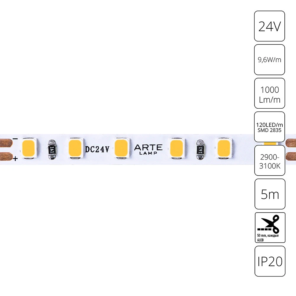 Светодиодная лента 24V 9,6W m 3000К 5м Arte Lamp TAPE A2412005-01-3K