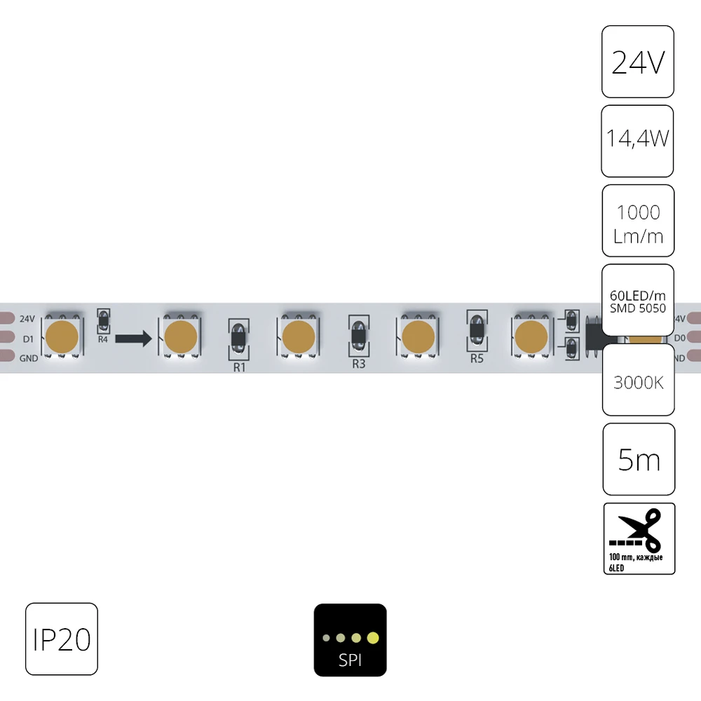 Светодиодная лента 24V 14,4W m 3000К 5м IP20 Arte Lamp SPI A2406010-03-3K